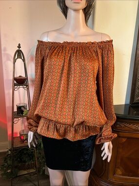 Michael Kors Rust Orange Off-the-Shoulder Printed Blouse